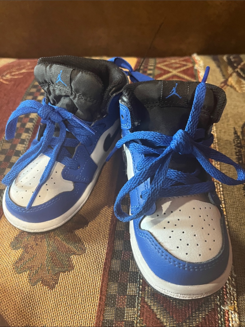 Jordan Kids Blue and White High-Top Sneakers with Black Accents Size 6c